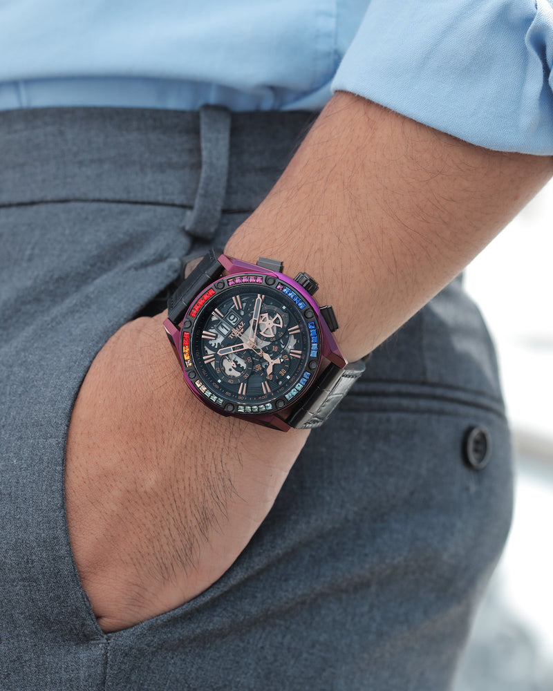 
                  
                    Load image into Gallery viewer, RAWR III TW024C-D2 (Purple/Black) with Rainbow Swarovski (Black Bamboo Strap)
                  
                