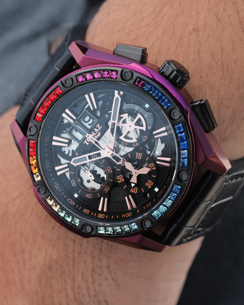 
                  
                    Load image into Gallery viewer, RAWR III TW024C-D2 (Purple/Black) with Rainbow Swarovski (Black Bamboo Strap)
                  
                