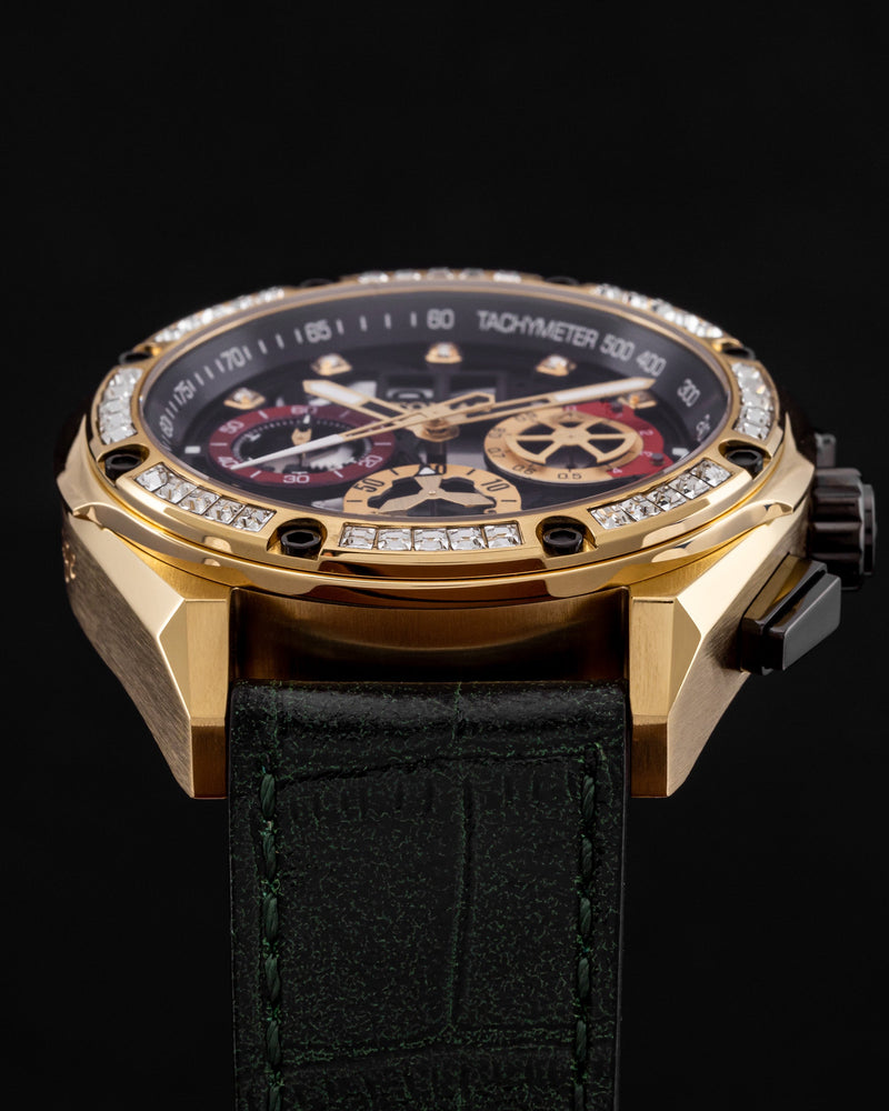 
                  
                    Load image into Gallery viewer, RAWR III TW024E-D8 (Gold/Black) with White Swarovski (Green Bamboo Leather Strap)
                  
                