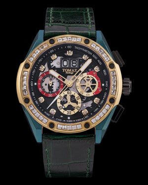 
                  
                    Load image into Gallery viewer, RAWR III TW024E-D9 (Green/Gold/Black) with White Swarovski (Green Bamboo Leather Strap)
                  
                