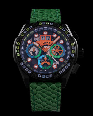 
                  
                    Load image into Gallery viewer, RAWR III TW024F-D12 (Black) with Green Blue Black Swarovski (Green Leather Strap)
                  
                