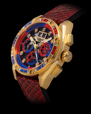 
                  
                    Load image into Gallery viewer, RAWR III TW024I-D10 (Gold) with Blue Red Yellow Swarovski (Red Salmon Leather Strap)
                  
                