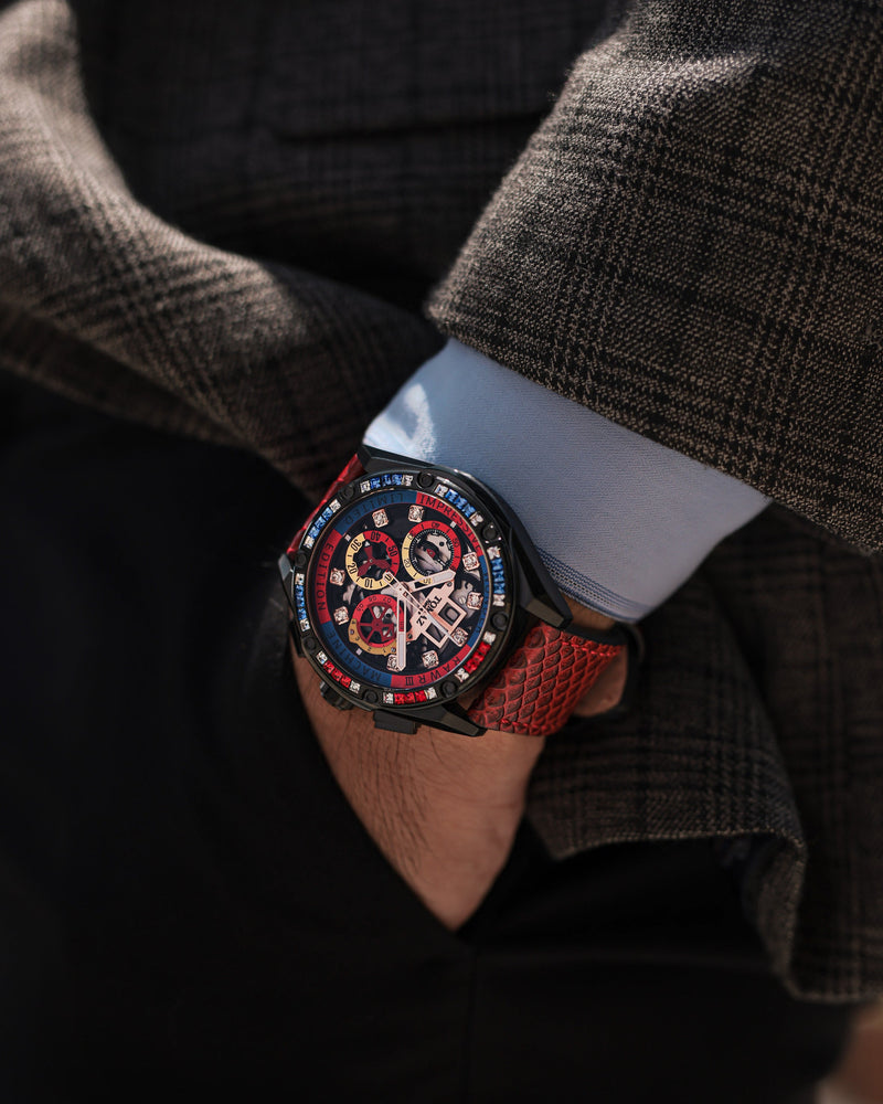 
                  
                    Load image into Gallery viewer, RAWR III TW024I-D11 (Black) with Blue Red Swarovski (Red Salmon Leather Strap)
                  
                