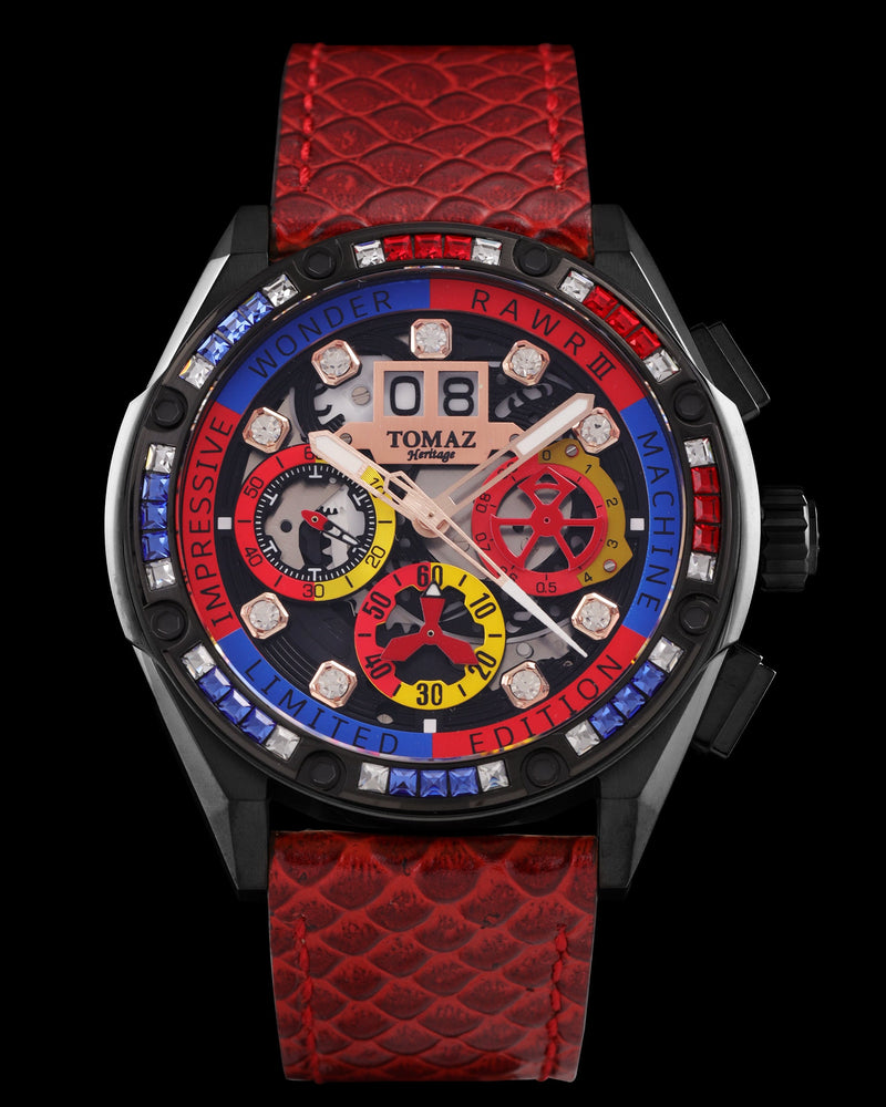 
                  
                    Load image into Gallery viewer, RAWR III TW024I-D11 (Black) with Blue Red Swarovski (Red Salmon Leather Strap)
                  
                