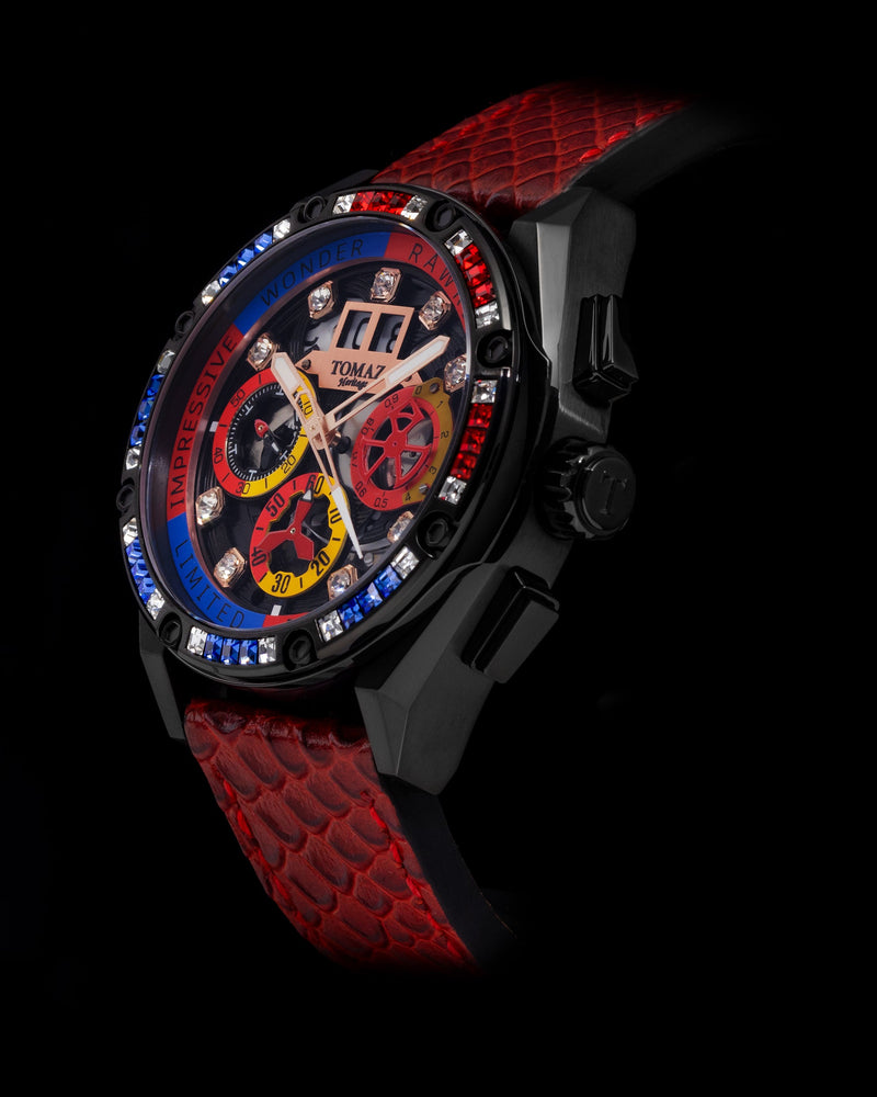 
                  
                    Load image into Gallery viewer, RAWR III TW024I-D11 (Black) with Blue Red Swarovski (Red Salmon Leather Strap)
                  
                