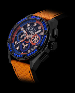 
                  
                    Load image into Gallery viewer, RAWR III TW024I-D4 (Black) with Blue Swarovski (Orange Salmon Leather Strap)
                  
                