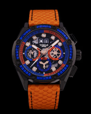 
                  
                    Load image into Gallery viewer, RAWR III TW024I-D4 (Black) with Blue Swarovski (Orange Salmon Leather Strap)
                  
                