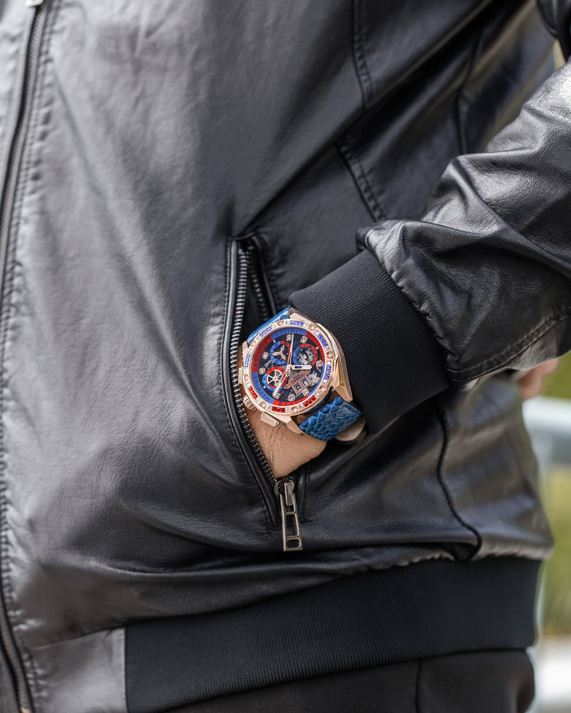 
                  
                    Load image into Gallery viewer, RAWR III TW024I-D9 (Rosegold) with Blue Red Swarovski (Blue Salmon Leather Strap)
                  
                