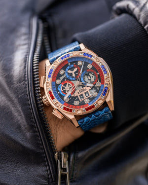 
                  
                    Load image into Gallery viewer, RAWR III TW024I-D9 (Rosegold) with Blue Red Swarovski (Blue Salmon Leather Strap)
                  
                