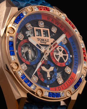 
                  
                    Load image into Gallery viewer, RAWR III TW024I-D9 (Rosegold) with Blue Red Swarovski (Blue Salmon Leather Strap)
                  
                