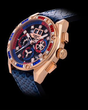 
                  
                    Load image into Gallery viewer, RAWR III TW024I-D9 (Rosegold) with Blue Red Swarovski (Blue Salmon Leather Strap)
                  
                