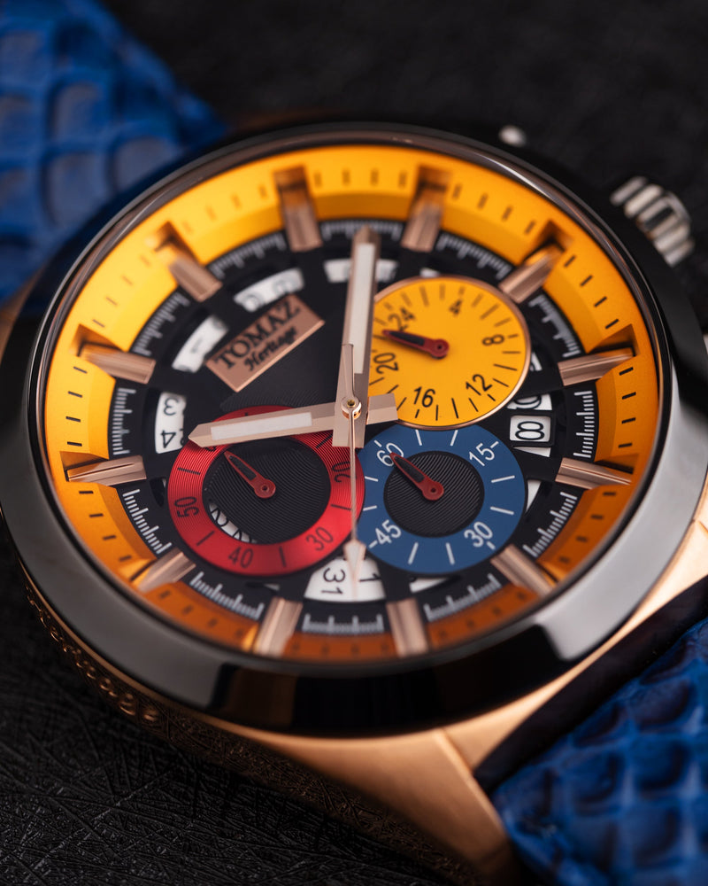 
                  
                    Load image into Gallery viewer, Romeo XXV TW025-D17 (Rosegold/Black/Yellow) Blue Salmon Leather Strap
                  
                