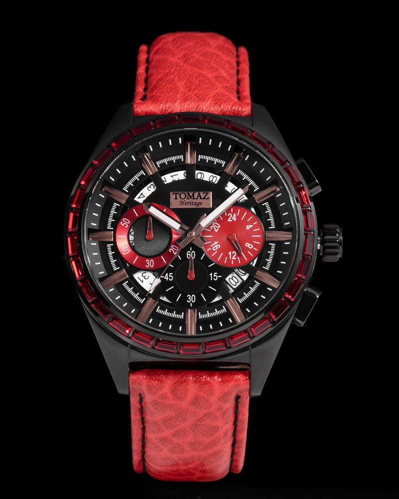 
                  
                    Load image into Gallery viewer, Romeo TW025A-D1 (Black/Red) with Red Swarovski (Red Leather Strap)
                  
                