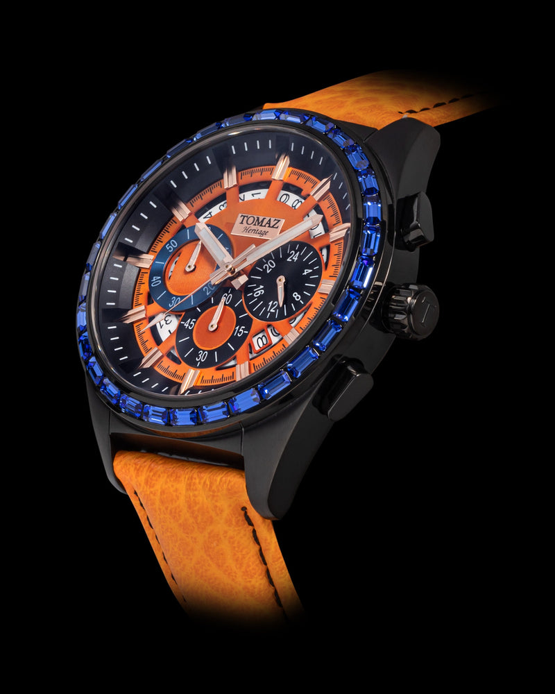 
                  
                    Load image into Gallery viewer, Romeo TW025A-D2 (Black/Orange) with Blue Swarovski (Orange Leather Strap)
                  
                