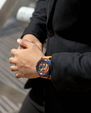 
                  
                    Load image into Gallery viewer, Romeo TW025A-D2 (Black/Orange) with Blue Swarovski (Orange Leather Strap)
                  
                