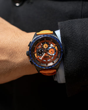 
                  
                    Load image into Gallery viewer, Romeo TW025A-D2 (Black/Orange) with Blue Swarovski (Orange Leather Strap)
                  
                