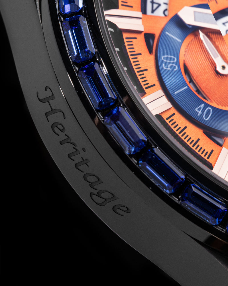 
                  
                    Load image into Gallery viewer, Romeo TW025A-D2 (Black/Orange) with Blue Swarovski (Orange Leather Strap)
                  
                