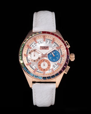 
                  
                    Load image into Gallery viewer, Juliet TW025L-D15 (Rosegold/White) with Rainbow Swarovski White Leather Strap)
                  
                