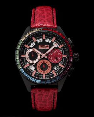 
                  
                    Load image into Gallery viewer, Juliet TW025L-D17 (Black/Red) with Rainbow  Swarovski (Red Leather Strap)
                  
                