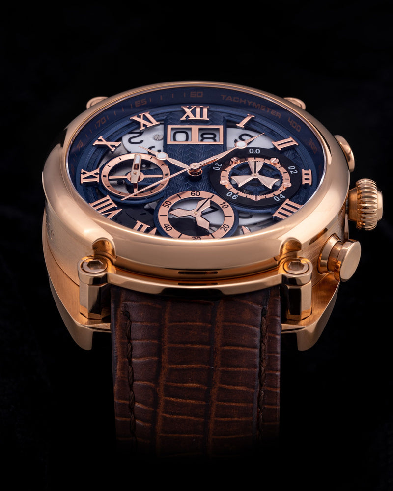 
                  
                    Load image into Gallery viewer, Xavier TW026-D3 (Rosegold/Blue) Coffee Armadillo Leather Strap
                  
                