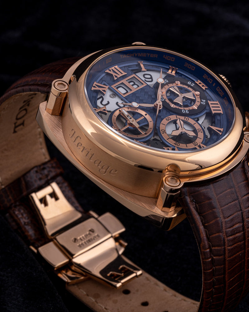 
                  
                    Load image into Gallery viewer, Xavier TW026-D3 (Rosegold/Blue) Coffee Armadillo Leather Strap
                  
                