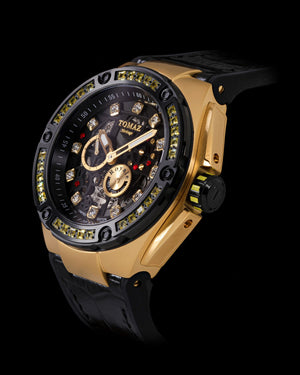 
                  
                    Load image into Gallery viewer, Royale XL TW027S-D16 (Gold/Black) with Swarovski (Black Leather with Rubber Strap)
                  
                