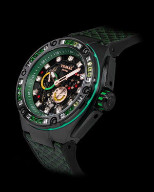 
                  
                    Load image into Gallery viewer, Royale XL TW027S-D18 (Black/Green) with Swarovski (Green Salmon Leather with Rubber Strap)
                  
                