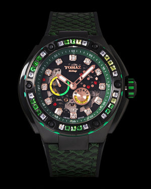 
                  
                    Load image into Gallery viewer, Royale XL TW027S-D18 (Black/Green) with Swarovski (Green Salmon Leather with Rubber Strap)
                  
                