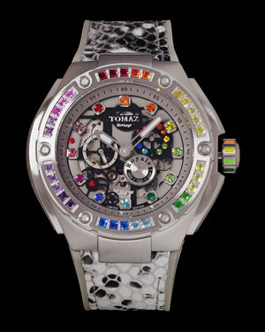 
                  
                    Load image into Gallery viewer, Royale XL TW027S-D20 (Silver) with Swarovski (Grey Black Salmon Leather with Rubber Strap)
                  
                