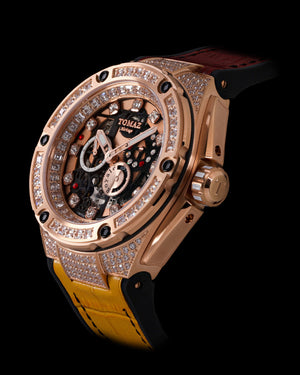 
                  
                    Load image into Gallery viewer, Royale XL TW027S-D6 (Rosegold) with Swarovski (Red Yellow Bamboo Leather with Rubber Strap)
                  
                