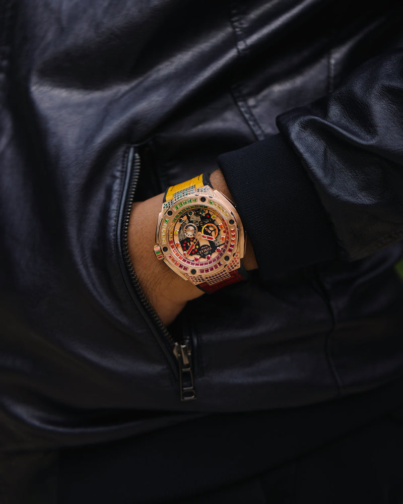 
                  
                    Load image into Gallery viewer, Royale XL TW027S-D7 (Rosegold) with Swarovski (Red Yellow Bamboo Leather  with Rubber Strap)
                  
                