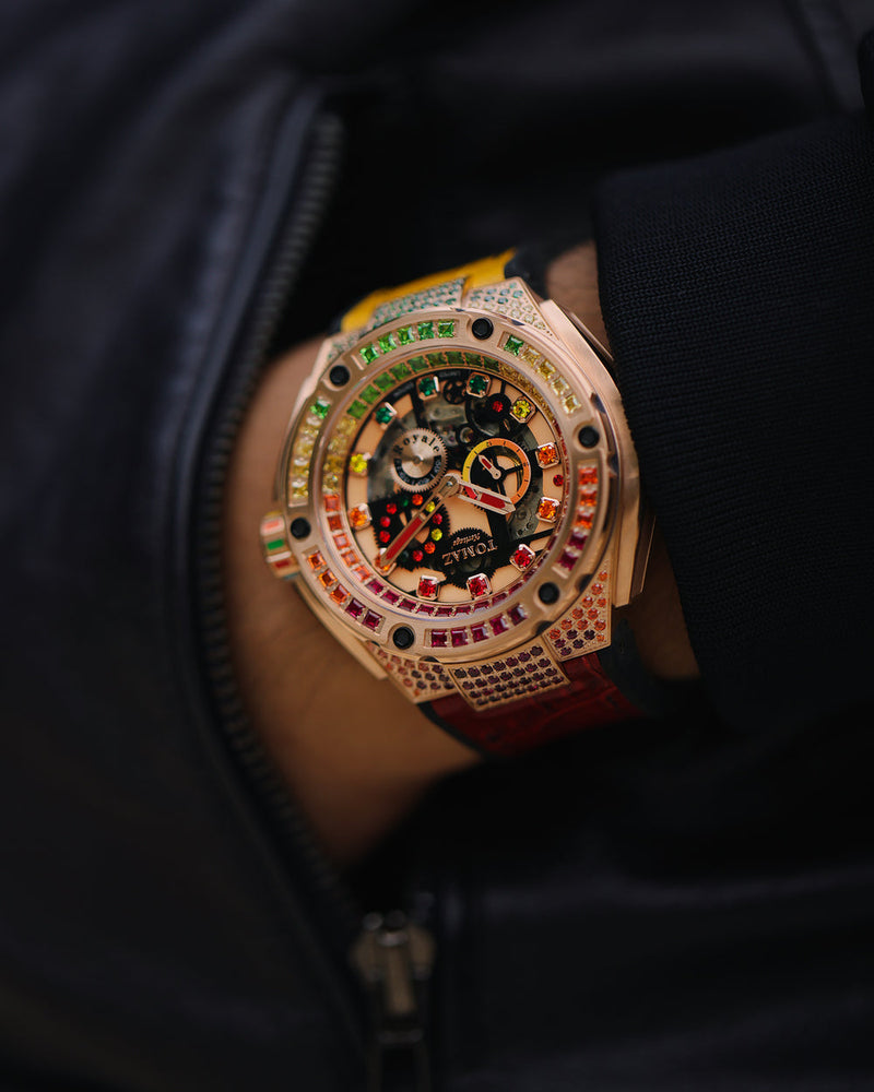 
                  
                    Load image into Gallery viewer, Royale XL TW027S-D7 (Rosegold) with Swarovski (Red Yellow Bamboo Leather  with Rubber Strap)
                  
                