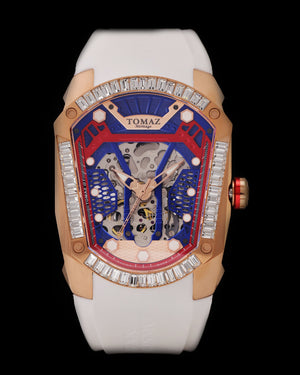 
                  
                    Load image into Gallery viewer, GT Skeleton TW028-D10 (Rosegold/Blue) with White Swarovski (White Rubber Strap)
                  
                