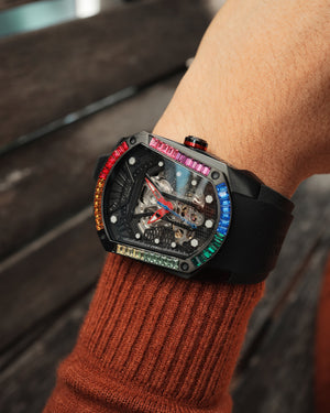 
                  
                    Load image into Gallery viewer, GT Skeleton TW028-D11 (Black) with Rainbow Swarovski (Black Rubber Strap)
                  
                