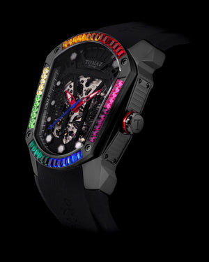 
                  
                    Load image into Gallery viewer, GT Skeleton TW028-D11 (Black) with Rainbow Swarovski (Black Rubber Strap)
                  
                