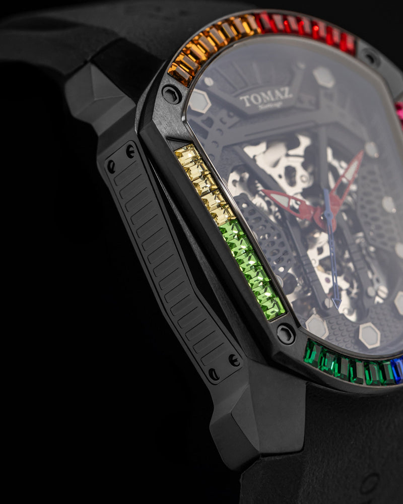 
                  
                    Load image into Gallery viewer, GT Skeleton TW028-D11 (Black) with Rainbow Swarovski (Black Rubber Strap)
                  
                