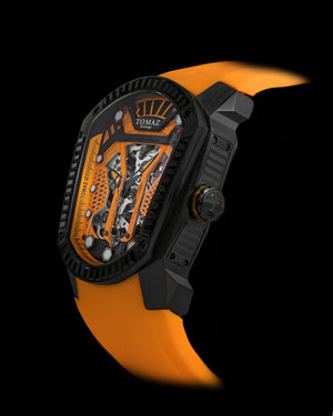 
                  
                    Load image into Gallery viewer, GT Skeleton TW028-D12 (Black/Orange) with Black Swarovski (Yellow Rubber Strap)
                  
                