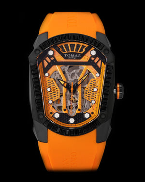 
                  
                    Load image into Gallery viewer, GT Skeleton TW028-D12 (Black/Orange) with Black Swarovski (Yellow Rubber Strap)
                  
                