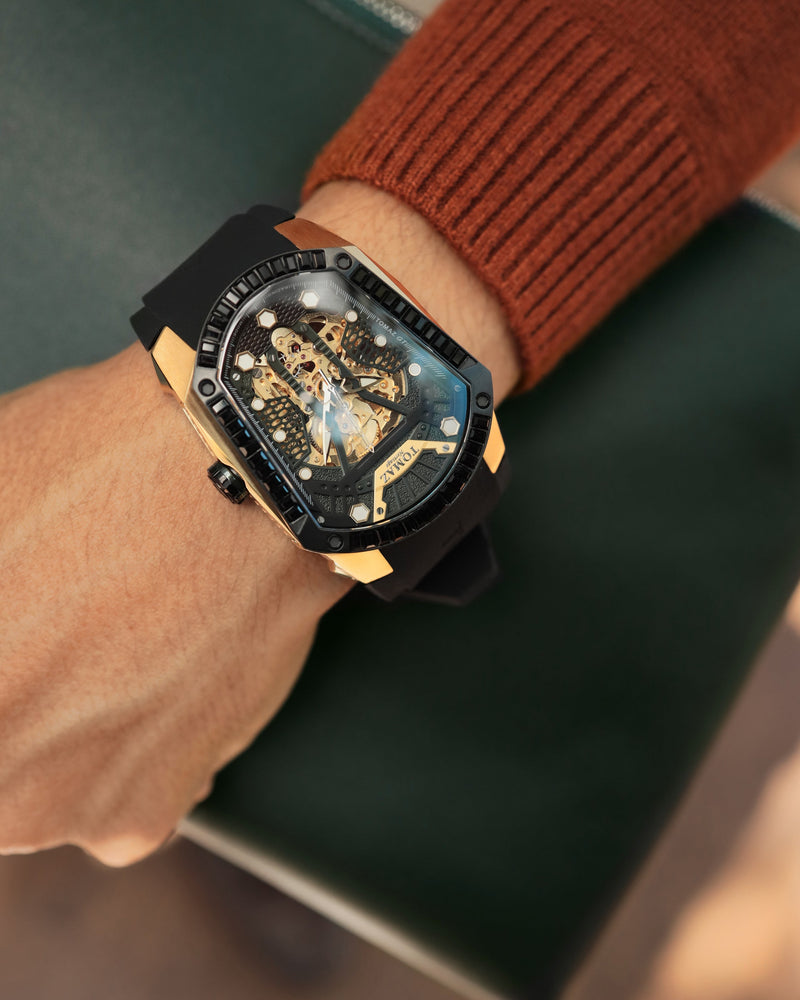 
                  
                    Load image into Gallery viewer, GT Skeleton TW028-D14 (Gold/Black) with Black Swarovski (Black Rubber Strap)
                  
                