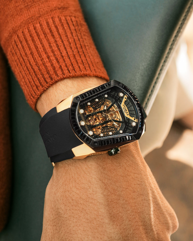 
                  
                    Load image into Gallery viewer, GT Skeleton TW028-D14 (Gold/Black) with Black Swarovski (Black Rubber Strap)
                  
                