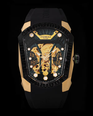 
                  
                    Load image into Gallery viewer, GT Skeleton TW028-D14 (Gold/Black) with Black Swarovski (Black Rubber Strap)
                  
                