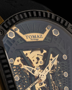 
                  
                    Load image into Gallery viewer, GT Skeleton TW028-D14 (Gold/Black) with Black Swarovski (Black Rubber Strap)
                  
                