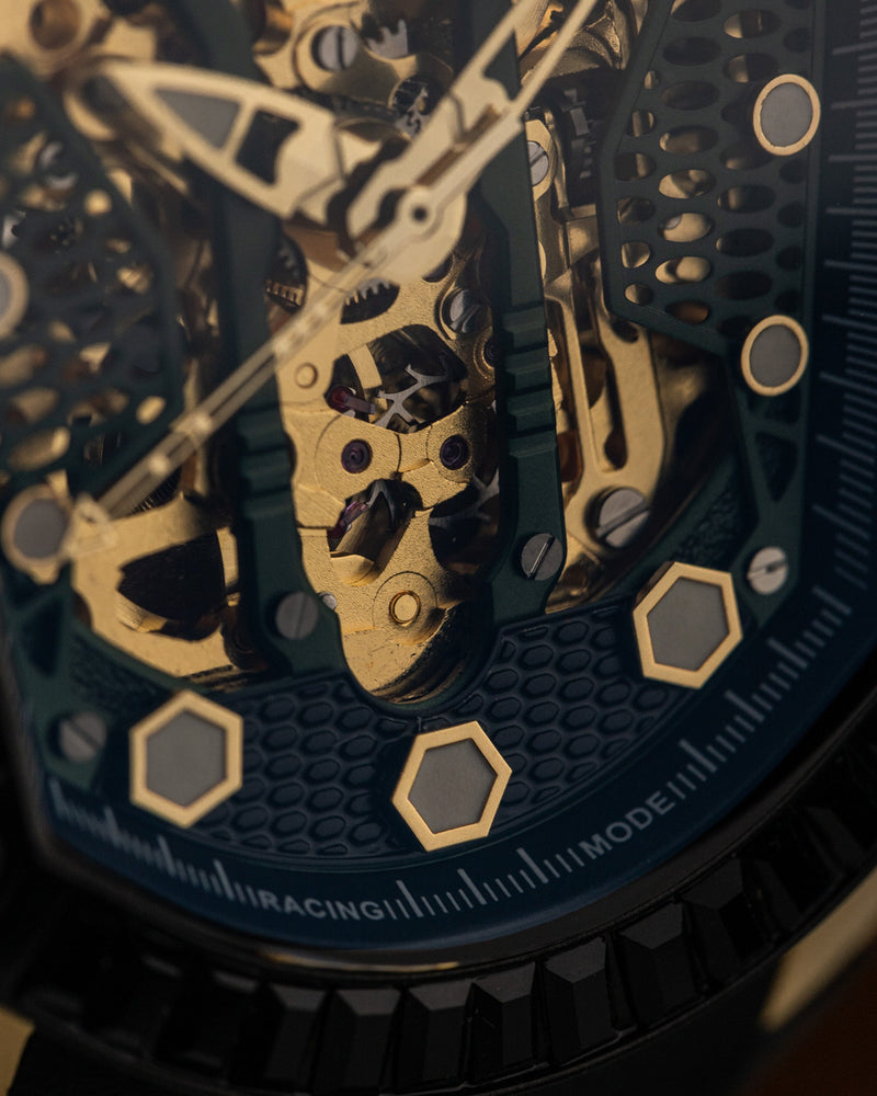 
                  
                    Load image into Gallery viewer, GT Skeleton TW028-D14 (Gold/Black) with Black Swarovski (Black Rubber Strap)
                  
                