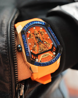 
                  
                    Load image into Gallery viewer, GT Skeleton TW028-D16 (Rosegold/Orange) with Blue Swarovski (Orange Rubber Strap)
                  
                