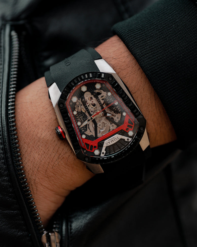 
                  
                    Load image into Gallery viewer, GT Skeleton TW028-D1 (Black/Red) with Black Swarovski (Black Rubber Strap)
                  
                