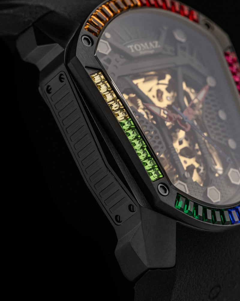 
                  
                    Load image into Gallery viewer, GT Skeleton TW028-D21 (Black) with Rainbow Swarovski (Black Rubber Strap)
                  
                