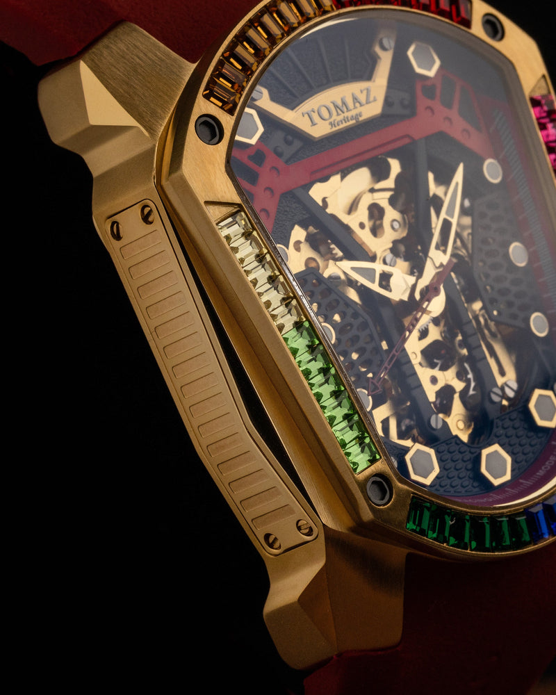 
                  
                    Load image into Gallery viewer, GT Skeleton TW028-D24 (Gold) with Rainbow Swarovski (Red Rubber Strap)
                  
                