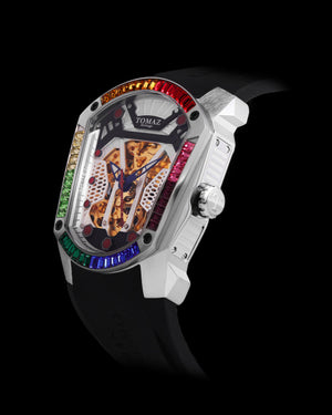 
                  
                    Load image into Gallery viewer, GT Skeleton TW028-D25 (Silver) with Rainbow Swarovski (Black Rubber Strap)
                  
                