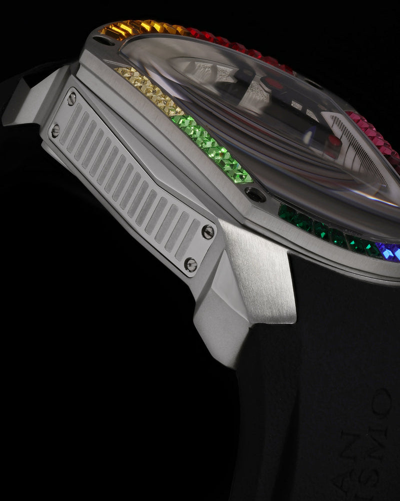 
                  
                    Load image into Gallery viewer, GT Skeleton TW028-D25 (Silver) with Rainbow Swarovski (Black Rubber Strap)
                  
                