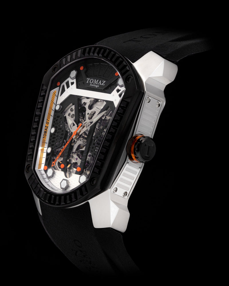 
                  
                    Load image into Gallery viewer, GT Skeleton TW028-D3 (Silver/Black) with Black Swarovski (Black Rubber Strap)
                  
                